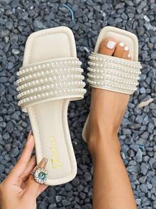 女士休闲水晶装饰一脚蹬平底鞋，优雅舒适凉鞋 - 米色 - 查看 2