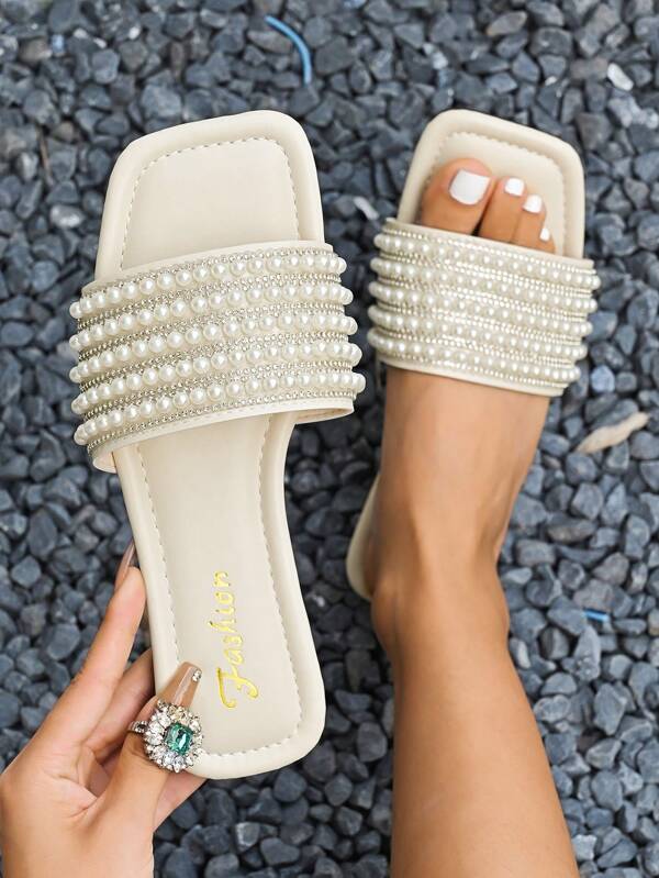 Women's Casual Crystal Embellished Slip-On Flats, Elegant & Comfortable Sandals