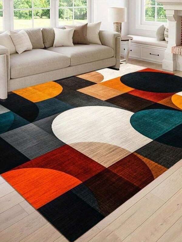 1pc Vibrant Round Design Area Rug, Modern Printed Carpet For Bedroom, Living Room, Gaming Room, Office, Home Decor, Blue, Orange, Green