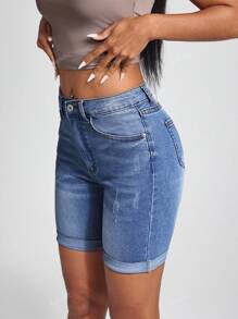 Jeanoix High Waist Slant Pocket Roll Up Hem Denim Shorts
