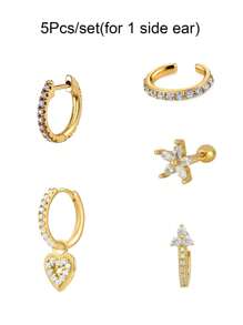 Set de 5 piezas de pendientes para mujer elegantes chapados en oro con circonita multicolor, incluyendo aro, pendiente colgante y pendiente de presión. Accesorios de joyería glamorosa.
