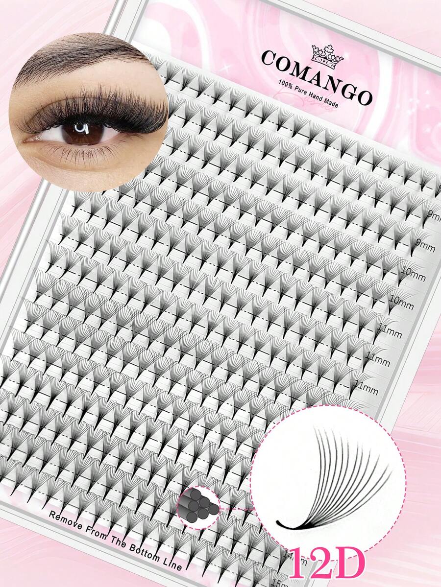 CoMango 300 abanicos C/D 12D Pestañas rusas premontadas de volumen 0.05mm Abanicos de volumen premontados Extensiones de pestañas de seda suave, Racimos de pestañas, Pestañas individuales, Pestañas, Pestañas postizas