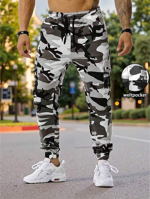 Herren Camouflage Outdoor leichte Cargo Hose mit Kordelzug Taille und Multitaschen