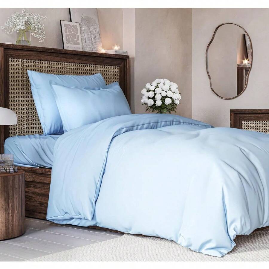 Cover Queen Size Set - Extra Soft Queen Size Duvet Cover 90 X 90 With 2 Pillow Shams - Hotel Luxury Easy Care And Fade Free W/ Zipper Closures & Ties - Breathable Bedding Set (Light Sage Green) - 19 - 天藍色(無被子) - 查看 1