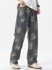 1 件复古做旧提花直筒牛仔裤，复古蓝色男式长裤