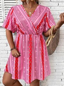 Women's Plus - Size Summer Patterned Dress, V - Neck Puff Sleeve, Ideal Vacation Outfits Women, Flowy Dress Summer For Beach & Casual, Must - Have Summer Clothes With Unique Design