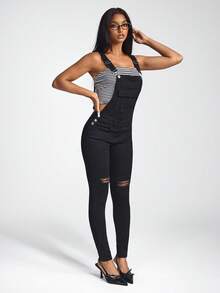 Jeanoix Flap Pocket Ripped Denim Overalls Without Tank Top - Black - View 5