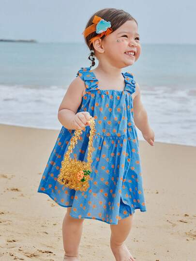 mini bala Baby Girl Allover Print Ruffle Trim Cami Dress