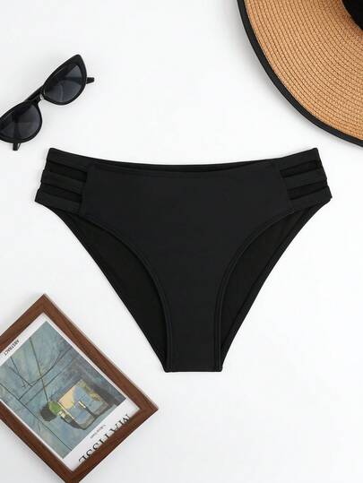 Women's Solid Black Low Waist Hollow Out Multi-Strap Bikini Bottoms, Versatile Beach Shorts And Swimming Trunks