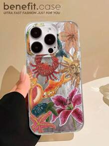 1pc Fashionable Painted Floral, Ocean Crab Design New Large Hole Feather TPU+PC Hybrid Gradient Glossy Protective Phone Case Waterproof Shockproof Anti-Fall Scratch Resistant