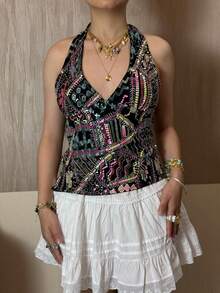 Women Sequin Beaded Halter Tops Y2k Sparkly Sleeveless Hanging Neck Slim Fit Crop Tank Top Summer Backless Low Cut Glitter Cami Vests Shirts Cute Going Out Tops Vintage Aesthetic Clothes Beach Vacation Party Streetwear - 黑色 - 查看 6