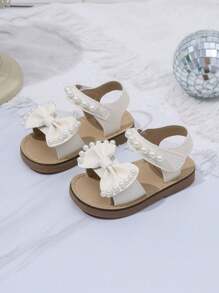 1 Pair Girls' Solid Color Open Toe Bowknot Pearl Hook And Loop Sweet Princess Style Flat Sandals, Non-Slip And Breathable, Suitable For Summer