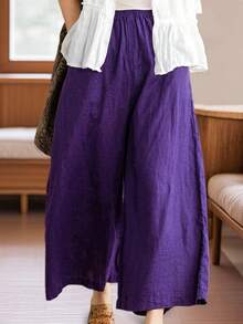 Plus Size High Waisted Wide Leg Pants Solid Elastic Waist Loose Fit Flowy Trousers With Pockets - Purple - View 4