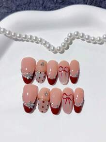 10pcs Handcrafted French Cat Eye Dotted Short Wearable Nails Set - Perfect For Daily Wear & Parties, Includes 2 Nail Application Tools - Ideal For Women & Girls