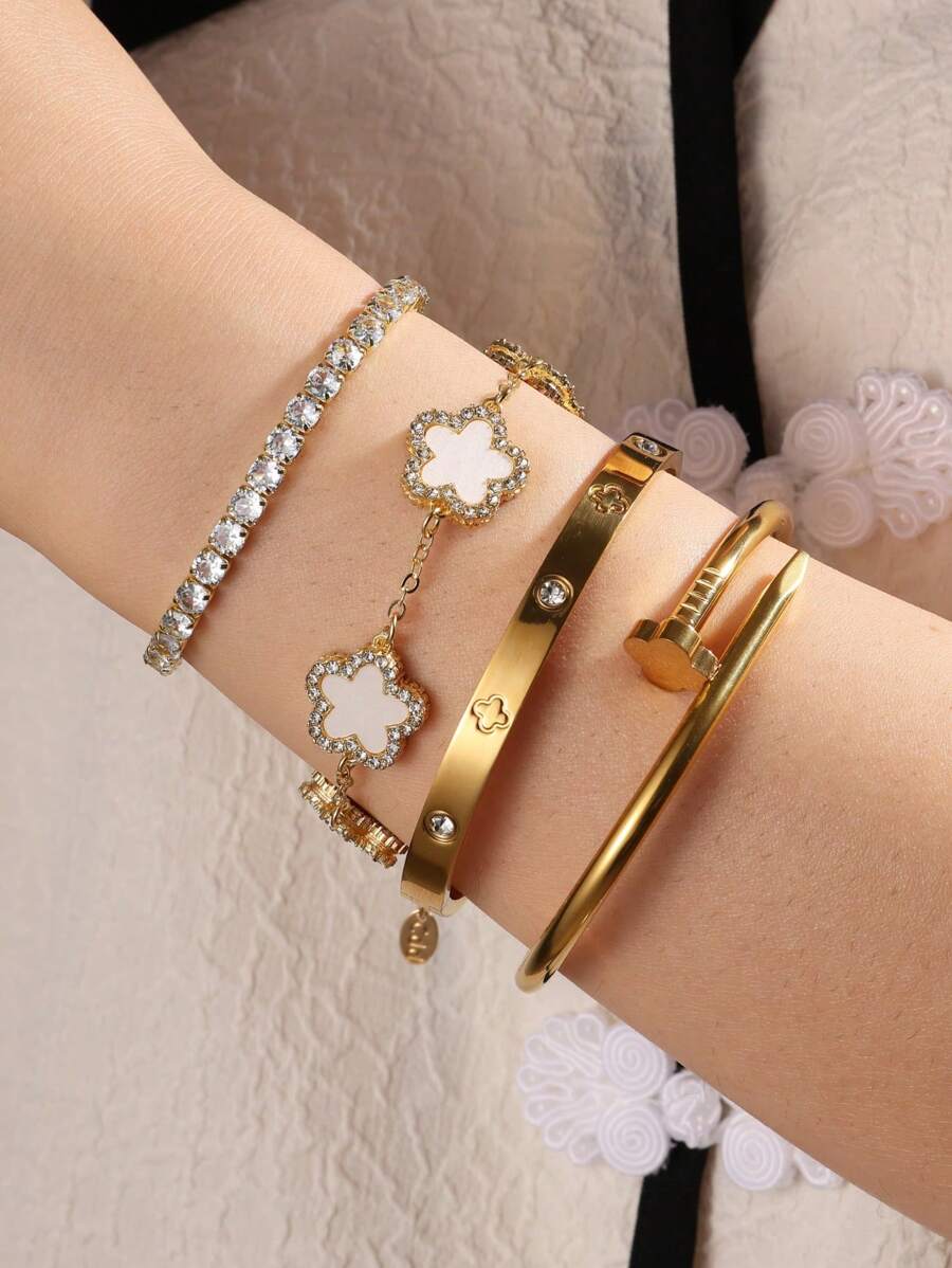 4pcs Stainless Steel Four-Leaf & Five-Leaf Clover Rhinestone Bracelet Set, Suitable For Women Daily Wear, Fashionable & For Ladies, Waterproof For Beach Vacation Jewelry