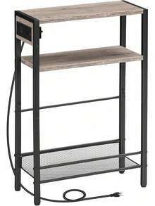 Small Narrow Side Table With Charging Station, Skinny End Table For Small Spaces, Slim Nightstand With USB Ports Outlet, Sofa Beside Table With Storage Shelf, Greige And Black BG102UBZ01 - Greige + Black - View 2