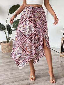 Women's Elegant Long Asymmetric Hem Front Slit Skirt, Bohemian Tie-Waist Design And Paisley Print, High Waist A-Line Skirt, 2025 New Arrival - Color - View 5