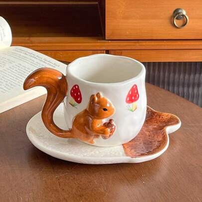 1pc New Cute Hand-Painted Squirrel & Mushroom Ceramic Cup & Saucer Set, Interesting Afternoon Tea Set, Very Practical And Photogenic, A Nice Small Gift Back To School