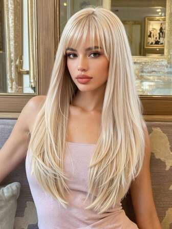 1P Piece Light Gold Type Synthetic Heat-Resistant Wig Ombre Purple Long Straight Hair, Layered, Realistic And Natural, 26 Inches Long, Made Of Fiber, Suitable For Party Festival Cosplay Use Of Women's Wig