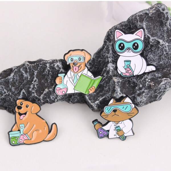 Animal de estimação encantador - broche de cientista, animal adorável - distintivo de laboratório, animal de estimação fofo em broche de equipamento científico escolar