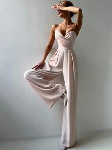 Las mujeres de color sólido sin espalda recta de pierna ancha de cintura a medida mono, elegante temperamento delgado pantalones conjunto de boda del partido / conferencia diaria elegante desgaste preferido