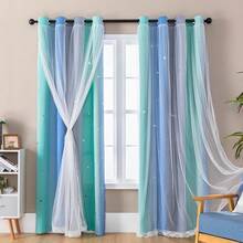 Cortinas de dormitorio de 213 cm, cortinas decorativas cortas de doble capa con estrellas colgantes y voile para habitación infantil, cortinas de arco para puerta de vidrio corrediza para adultos, rosa, azul, morado /132/213/2 MX - Verde Azul Gris - Ver 9