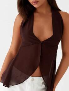 Women Y2k Sheer Mesh Halter Top Sleeveless Split Asymmetrical Hem Flowy Tank Backless V-Neck See Through Cami Shirt - 咖啡棕 - 查看 1