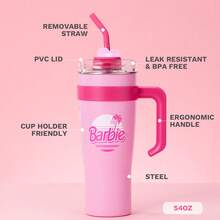 Miniso Bộ quà tặng bao gồm bình nước và ống hút bằng thép không gỉ hình búp bê Barbie, dung tích lớn, kiểu hoạt hình dễ thương, cốc cà phê du lịch xách tay, 1600ml/54oz. - Màu Hồng baby - Xem 5