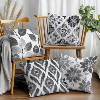 4pcs Abstract Black White Grey Geometric Throw Pillow Covers, Soft Peach Velvet Fabric, Single-Sided Print 16"X16"/18"X18"/20"X20", Suitable For Living Room Bedroom Sofa Chair Home Decor, Pillow Cover Gift