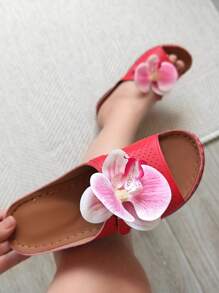 1 Pair Casual Beach Sandals With Cute Floral Print, Wide Comfort Footbed, Thick Platform, Vacation Holiday Summer House Slippers With Dopamine Color Blocking, Hawaii Design