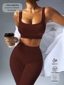 Fitness Set In Ribbed, Full-Bodied Polyamide - Top And Leggings - High Compression - Cà phê nâu - Xem 1