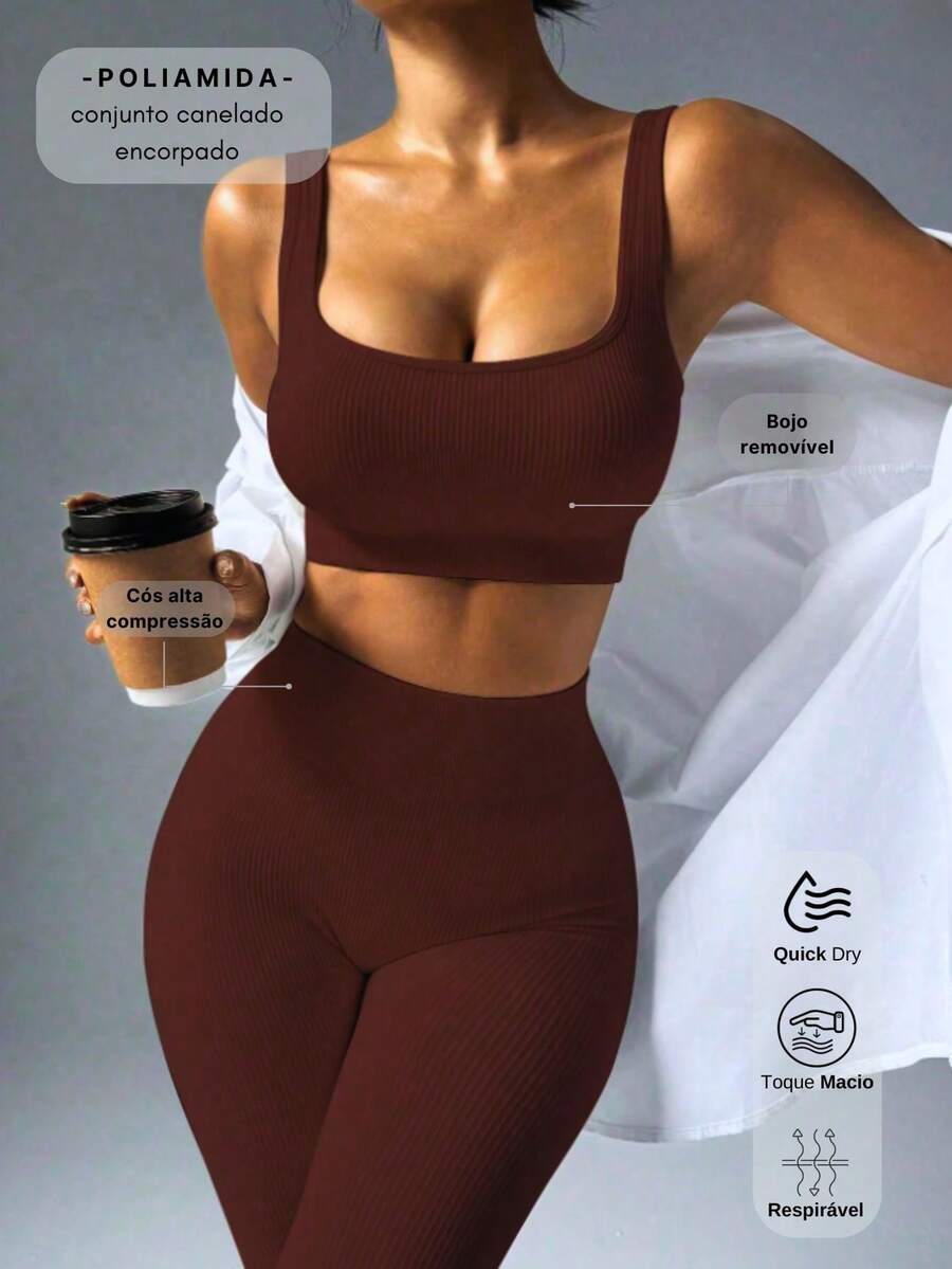 Fitness Set In Ribbed, Full-Bodied Polyamide - Top And Leggings - High Compression - Cà phê nâu - Xem 1