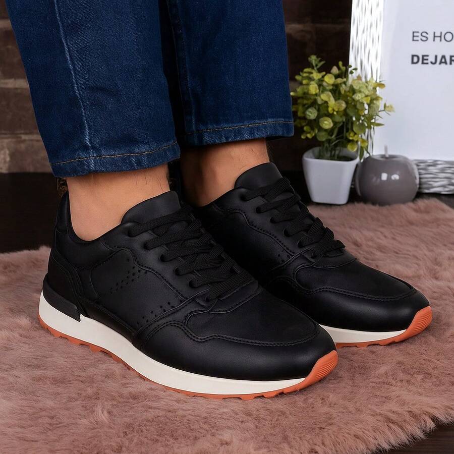 Fratello Select Fratello zapatos casuales de piel auténtica para hombre 6010 en color negro, con  detalles en suela blanca y acentos en naranja, estilo urbano y deportivo,  ideales para actividades diarias, reuniones casuales o caminatas urbanas, tenis casuales hombre, estilo urbano, calzado negro moderno, comodidad diaria, moda casual - Negro - Ver 1