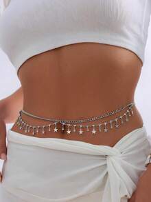 One Simple And Elegant Bikini - Style Rhinestone Waist Chain, A Multi - Layer Body Chain With Full Rhinestones And Tassels, A Women's Body Chain, Suitable For Beach Vacations - Silver - View 14