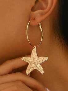 1 Pair Bohemian Shell, Conch, Faux Pearl, Starfish And Sea Life Shaped Pendant , Exaggerated Metal Design Earrings For Daily, Street, Beach Party - Golden - View 2