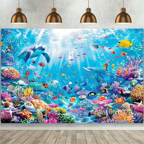 2D Underwater Fantasy Photography Backdrop - Sea Turtle, Fish & Coral Pattern | Multipurpose Polyester Fabric Banner, Suitable For Birthday Parties, Cake Table Decorations, And Summer Events