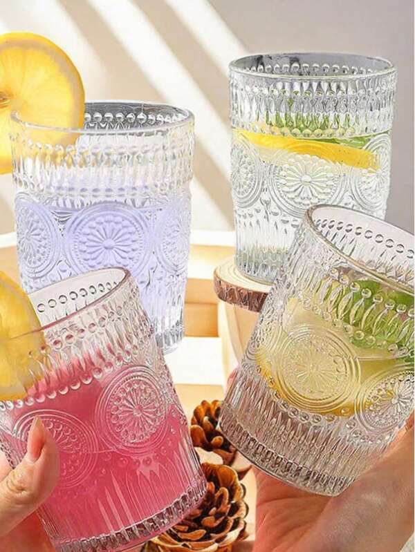4-teiliges Set nordischer Stil Premium-Gläser aus dickem Glas mit geprägtem Sonnenmuster, bleifreie Saft-/Wassergläser, hochelegant