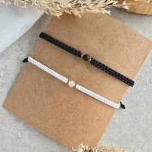 2 件简约黑/白编织绳月光石情侣手链，男女款手链，情侣手链，情侣礼物，友谊手链 - 彩色 - 查看 4