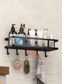 1pc Iron Storage Rack With Hook, Multifunctional Black No Perforation Wall Mounted Corner Storage Rack For Bathroom
