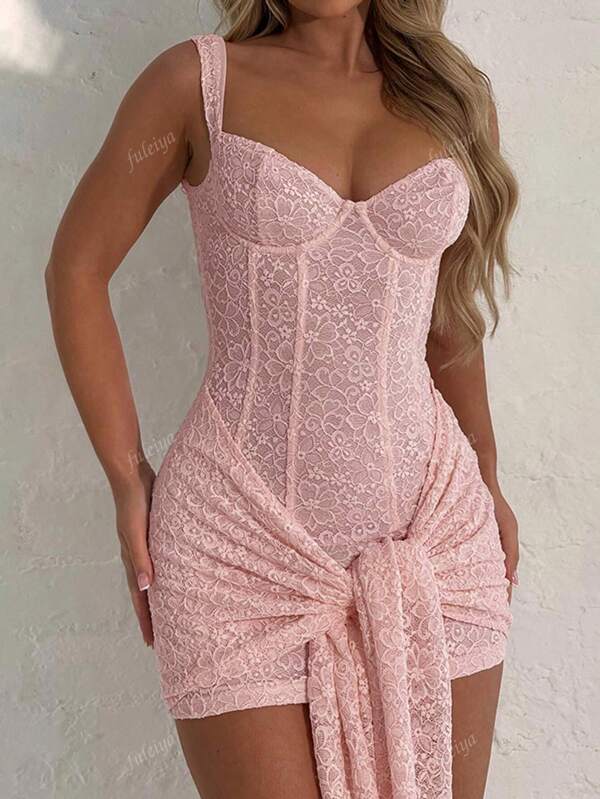 Women's Lace Tie-Front Camisole Bodycon Midi Dress
