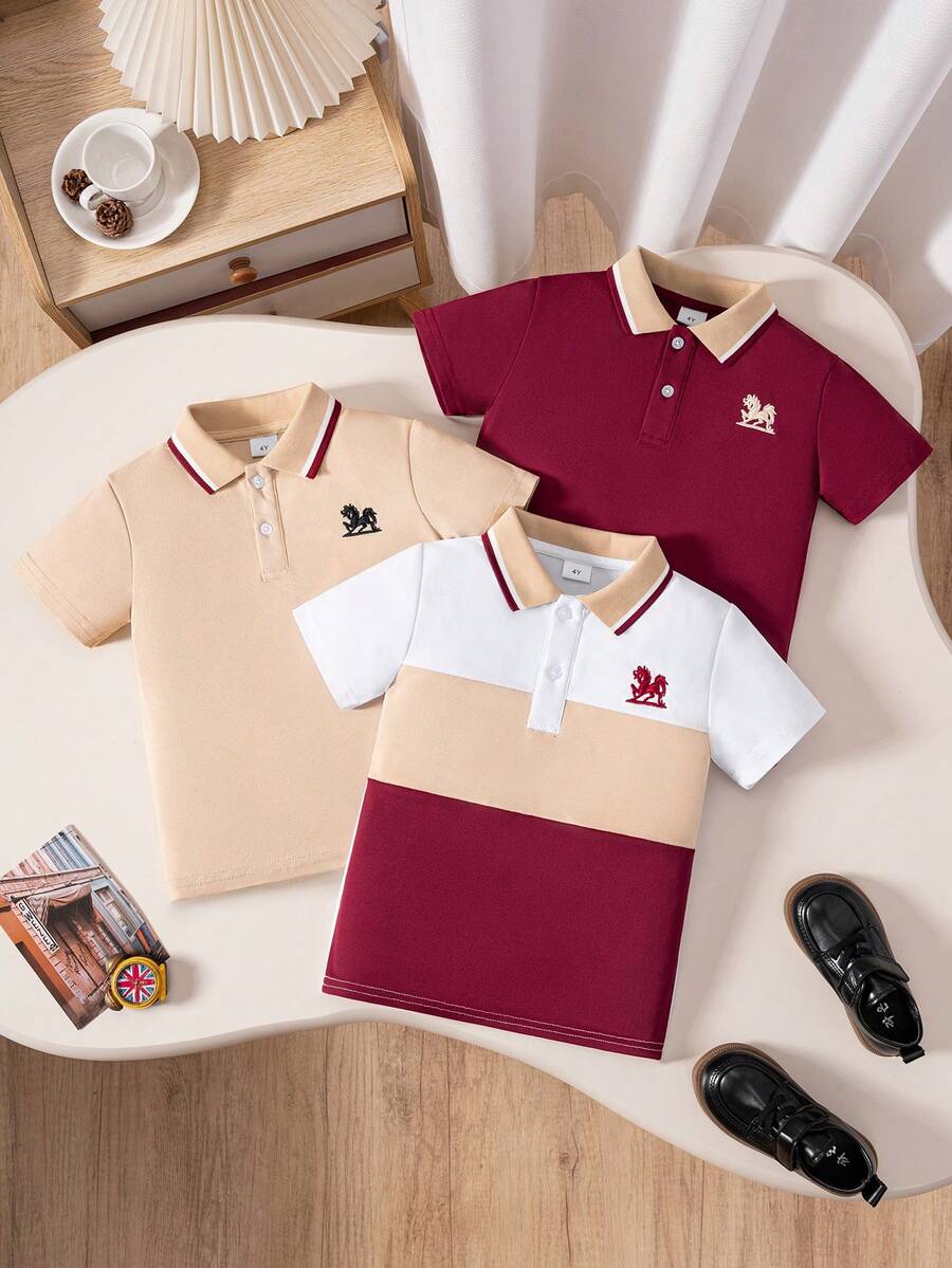 3件組男童多色刺繡短袖 Polo 衫,對比條紋領口學院風上衣,適合返校季與日常穿著 - 酒紅色 - 查看 1