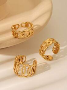 3er-Set kreative, Cut Out, goldene Edelstahlkette und runde Ring-Design offene Ringe, geeignet für tägliche Dekoration oder als Geschenk für Frauen