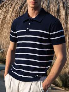 ALTZTAR 男士休闲简约条纹针织短袖毛衣 - 藏蓝色 - 查看 3