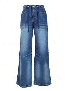 Pantalones vaqueros de cintura media con pernera ancha y estilo informal, sueltos y amplios, con cordón y ojales en la cintura para mujeres - Lavado medio - Ver 4