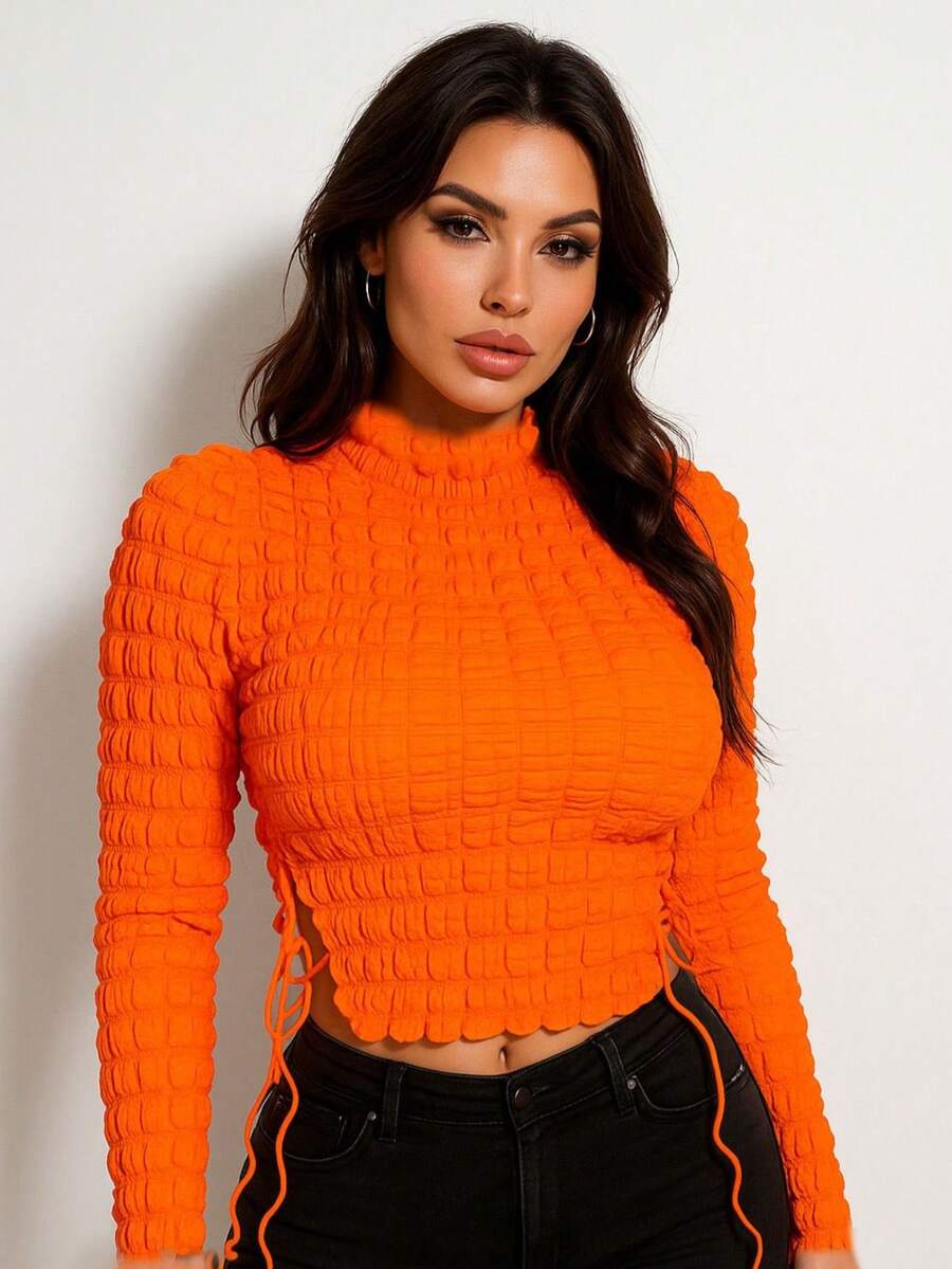 Blusa de manga larga con textura de cuadros y cuello alto en varios colores, ajuste ceñido y suave para un estilo moderno y elegante - Naranja - Ver 1