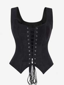 束身胸衣上衣背心前系带宽肩女士塑身衣短款上衣，可作为紧身衣、束身衣、朋克背心穿在外面，适合舞会、化妆舞会、角色扮演服装、万圣节、腰部训练器 - 黑色 - 查看 11