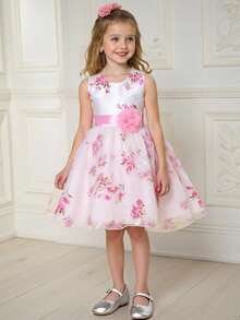 女童无袖圆领印花网纱连衣裙，优雅，不含头饰