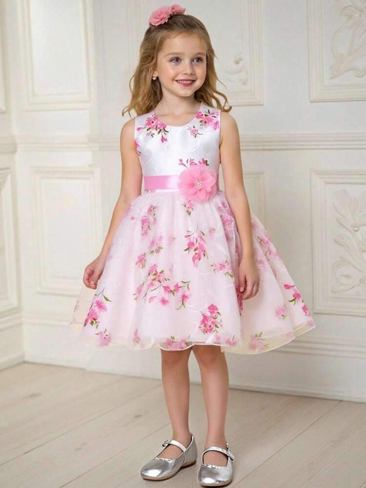 Vestido sin mangas con cuello redondo y estampado floral de malla de tul para niñas, elegante, sin diadema - Rosa - Añade 6