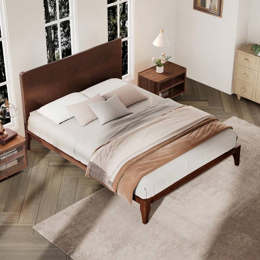 MERAX Mid-Century Modern Queen Size 12 Inch Bamboo Wood Platform Bed With Wood Slat Support, No Box Spring Needed, Easy Assembly,Chocolate - Chocolate-Queen Size - View 1