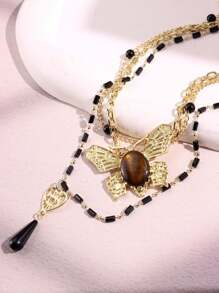 1pc Stylish, Exquisite, Elegant, Luxurious, Versatile, Unique, Shiny Butterfly & Heart Layered Pendant Necklace, For Women, Daily, Party, Commute, Holiday, Festival